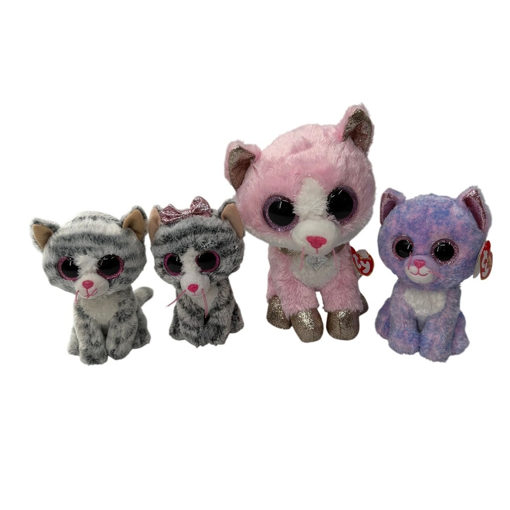 Ty Beanie Boos Cat Plush Lot of 4 Cassidy Kiki Pink Grey Glitter Eyes 6-8 inch